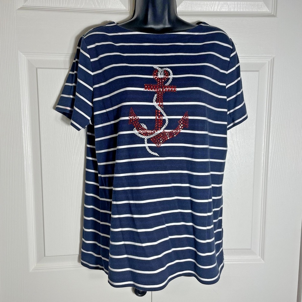Karen Scott T Shirt Womens 0X Navy White‎ Stripe Nautical Anchor Rhinestone Top
